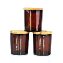 Wholesale custom 200ml empty wide mouth amber recycled glass candle jar with bamboo lid